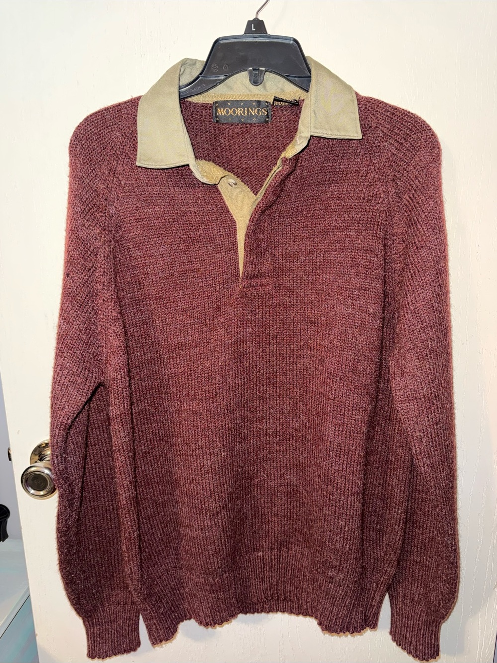 Men's V-Neck Wine Sweater with Contrast Polo Collar